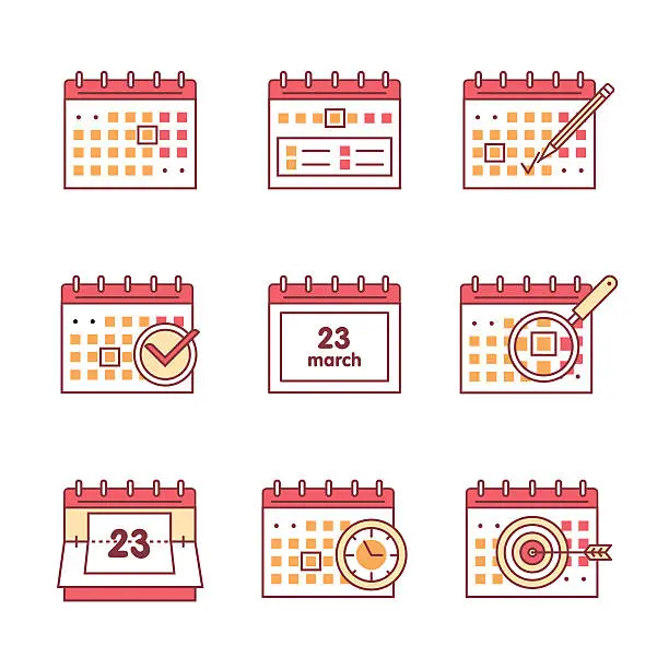 Vector illustration of Calendar set. Thin line art icons