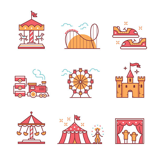 ilustraciones, imágenes clip art, dibujos animados e iconos de stock de parque de diversiones temático conjunto de signos - amusement park illustrations