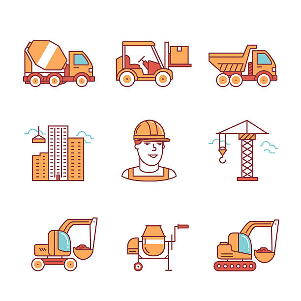Building site engineering and machinery Building site engineering and machinery. Thin line art icons. Flat style illustrations isolated on white. construction skyscraper machine industry stock illustrations
