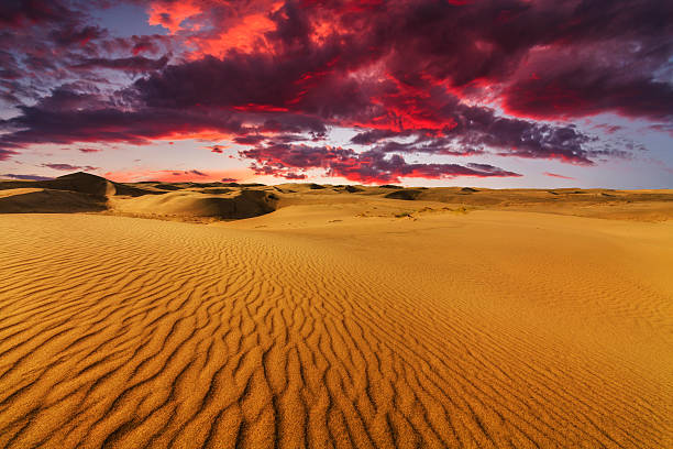 невероятно яркая закат в пустыне гоби. монголия. - desert landscape morocco sand dune стоковые фото и изображения