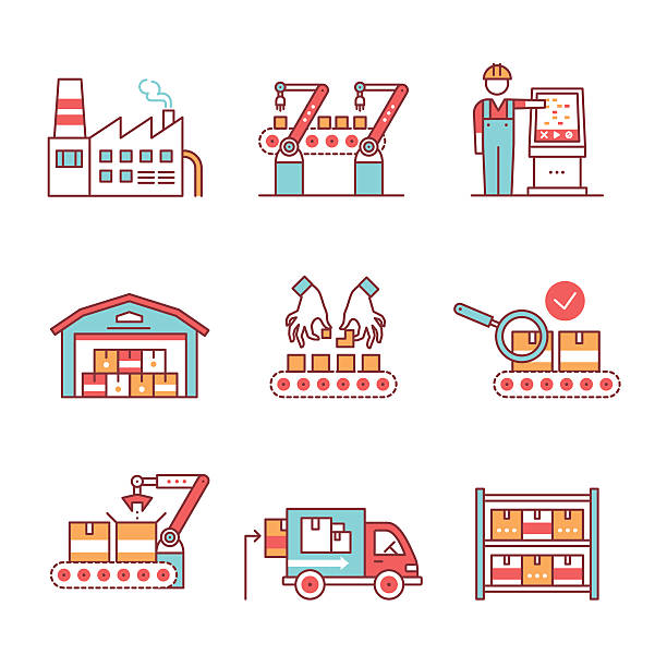 Modern robotic, manual manufacturing assembly line Modern robotic and manual manufacturing assembly lines. Packaging, loading and warehouse inventory. Thin line art icons set. Flat style illustrations isolated on white. industry illustrations stock illustrations