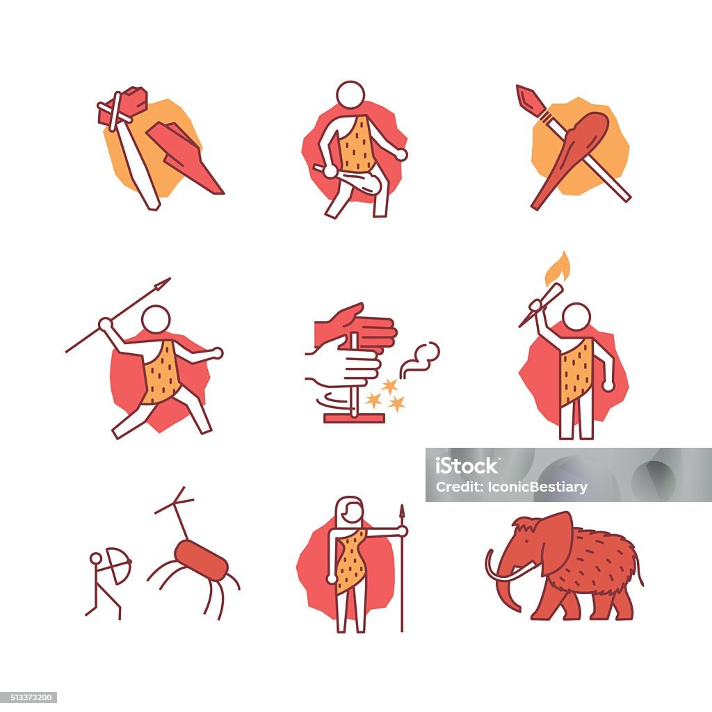 Primitive prehistoric caveman of ice age signs set Primitive prehistoric caveman of ice age signs set. Thin line art icons. Flat style illustrations isolated on white. Prehistoric Era stock vector
