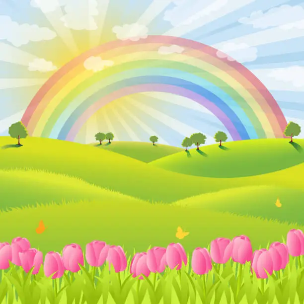 Vector illustration of Rainbow Over the Spring Nature