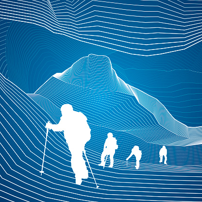 Hikers in the mountains, climbing in tandem, extreme sport, white lines, abstraction composition, vector design art