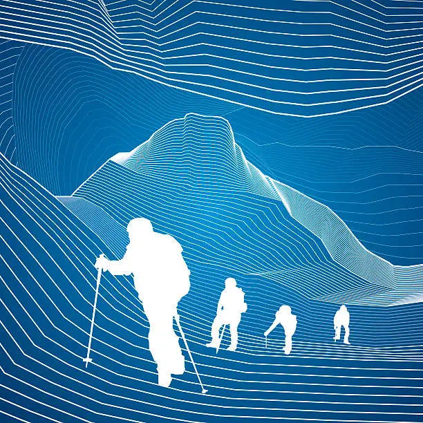 Vector illustration of Hikers in the mountains, climbing in tandem, extreme