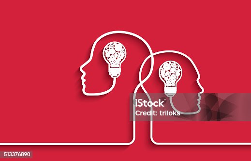 istock Human heads with light bulbs and gears on red background 513376890