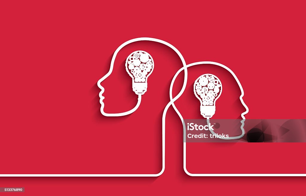 Human heads with light bulbs and gears on red background Two human heads with light bulbs and machinery gears representing the concept of Intelligence, brainstorming and progress. Two People stock vector