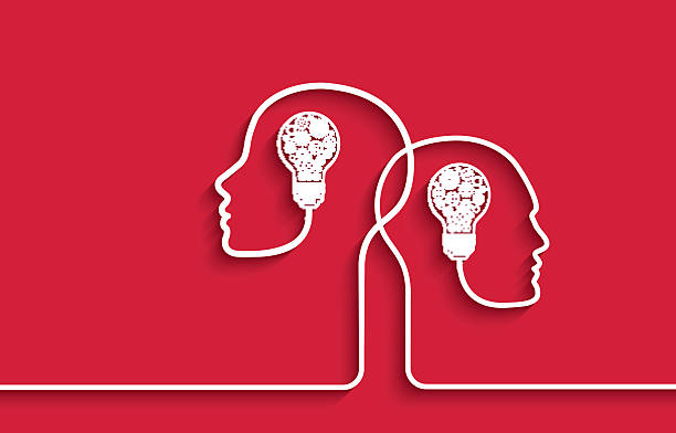 Human heads with light bulbs and gears on red background Two human heads with light bulbs and machinery gears representing the concept of Intelligence, brainstorming and progress. two people thinking stock illustrations