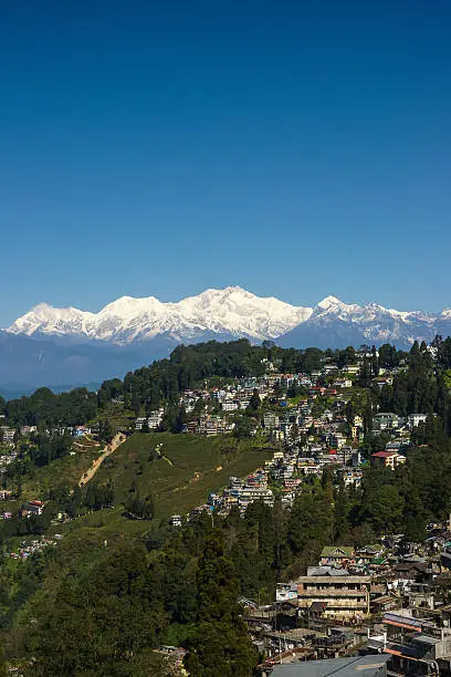 The town of Darjeeling and a tea plantation run down a terraced hillside in the Indian state of West Bengal in the Lesser Himalayas at an average elevation of 6,710 ft (2,045.2 m). 