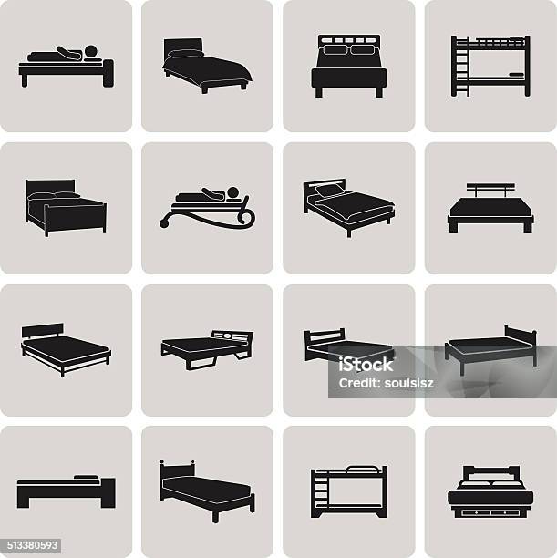 Vector Black Bed Icons Set On White Background Set1 Stock Illustration - Download Image Now