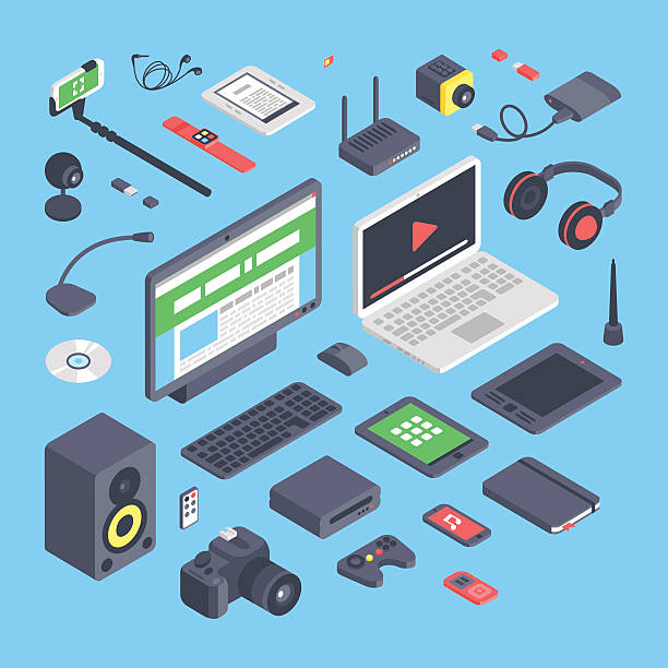 Vector set of isometric computer devices icons Vector set of isometric computer devices icons.Wireless technologies isometric computer devices icons set with mobile communication devices 3d.Isometric computer devices icons set electronics stock illustrations
