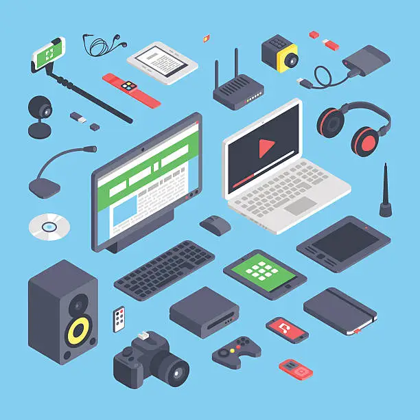 Vector illustration of Vector set of isometric computer devices icons