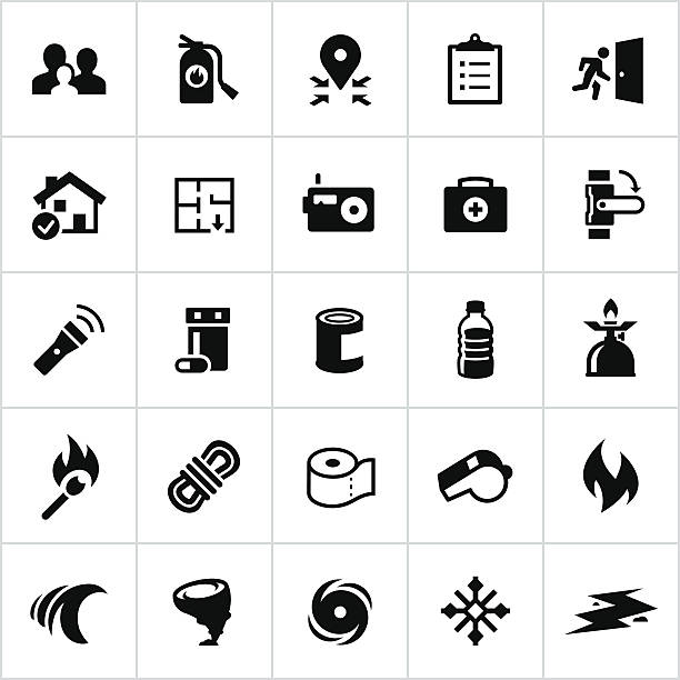 Black Emergency Preparedness Icons Emergency Preparation Icons. All white strokes/shapes have been cut from the icons and merged allowing the background to show through. emergency plan document stock illustrations