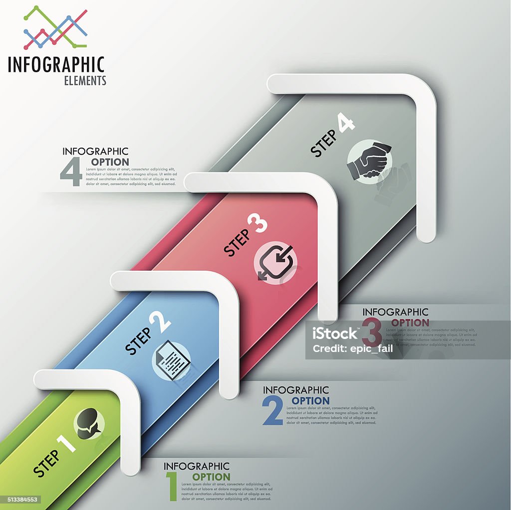 Modern infographics options banner. Modern infographic process template with 4-step arrow made of colorful ribbons. Vector. Can be used for web design and  workflow layout Abstract stock vector