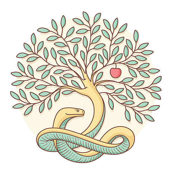 illustrazioni stock, clip art, cartoni animati e icone di tendenza di albero della conoscenza di bene e male con serpente e una mela - sinner