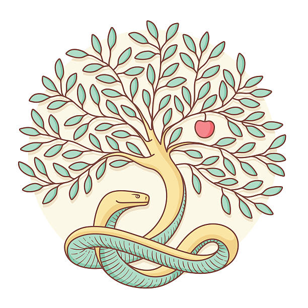Tree the knowledge of good and evil with snake, apple Tree the knowledge of good and evil with snake, apple. Colorful design. Vector Illustration pics of a bewitched stock illustrations