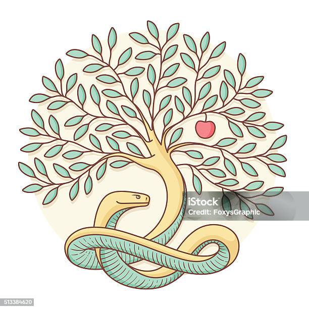 Tree The Knowledge Of Good And Evil With Snake Apple Stock Illustration - Download Image Now