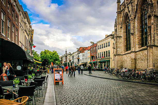 People in the town center of Breda in the Netherlands stock photo