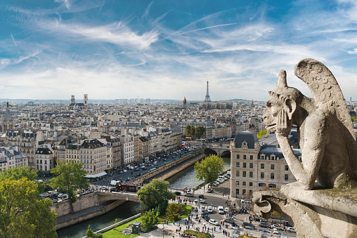 Gargoyles or chimeras on the Cathedral of Notre Dame de Paris overlooking Paris, France. Gargoyles are the famous Gothic landmarks in Paris. Dramatic skyline of Paris with the vintage demon statues.