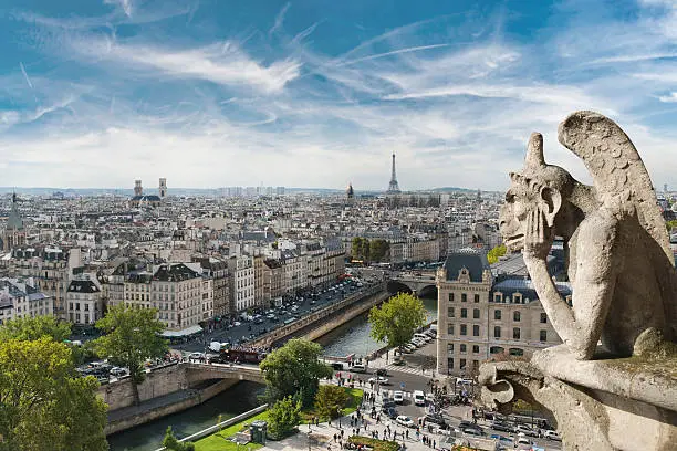 Photo of Gargoyle and wide city view from the roof of Notre