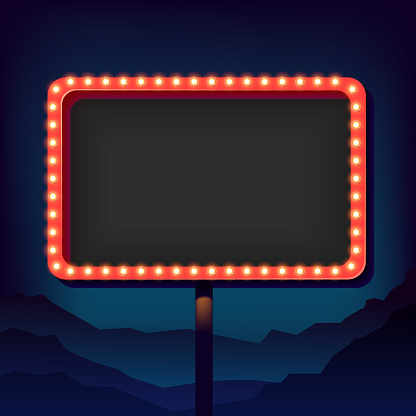 Vintage signboard with lights. Roadside sign. Road sign from the 50s. Retro character. Red billboard with lamps. Black background with a blank frame 3D. Shield against night mountain. Vector 