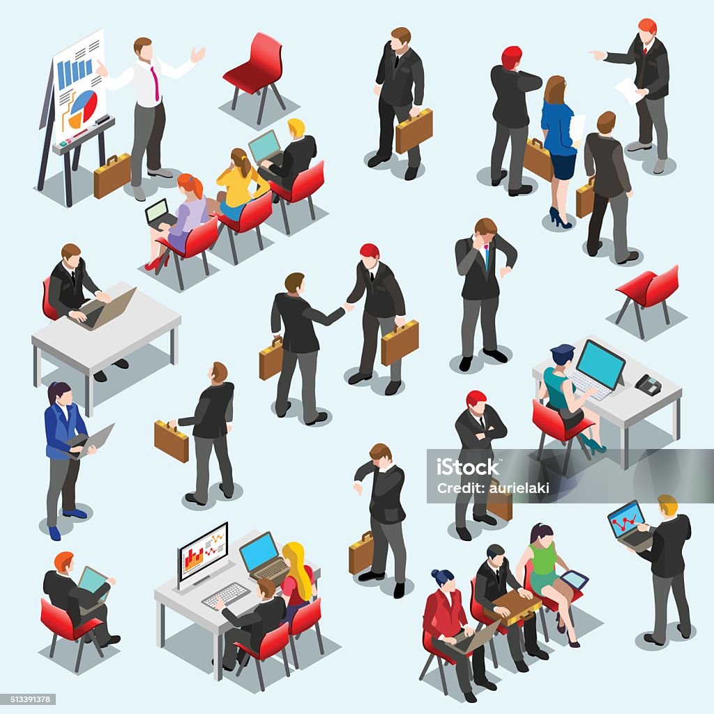 Business Data Set Isometic People Businessmen at training or conference standing handshake sitting pose flat design for consulting finance. Order from China. 3D isometric EPS 10 JPG JPEG vector illustration creative people collection Isometric Projection stock vector