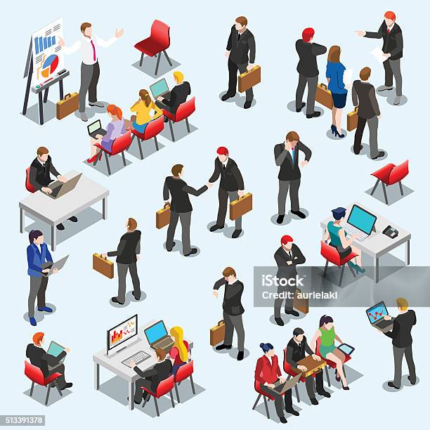 Business Data Set Isometic People Stock Illustration - Download Image Now - Isometric Projection, Desktop PC, Desk