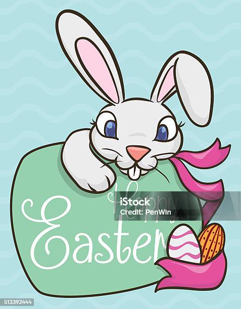 Happy Easter Bunny With Greeting Sign For Easter Date Stock Illustration - Download Image Now