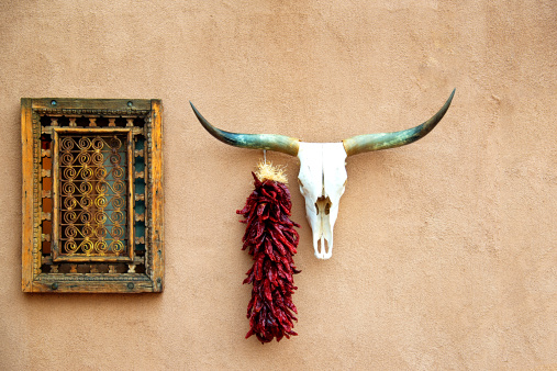 La ciudad antigua de Adobe House con cráneo de Animal y Chili Peppers Hanging photo