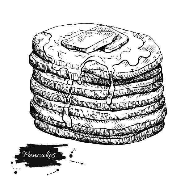 ilustraciones, imágenes clip art, dibujos animados e iconos de stock de vector de ilustración vintage de las grietas. dibujado a mano alimentos illus monocromo - pancake illustration and painting food vector