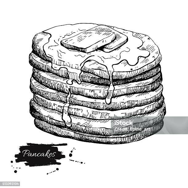 Vector Vintage Pancake Drawing Hand Drawn Monochrome Food Illus Stock Illustration - Download Image Now