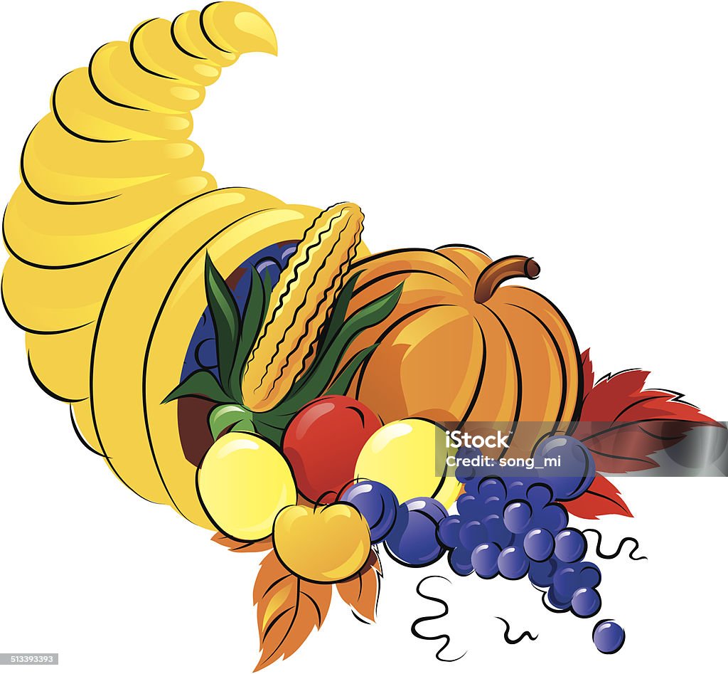 Horn of Plenty Vector illustration of Cornucopia with fruit, grape  and vegetable. Cornucopia stock vector