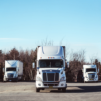 Three white transport trucks parked at a large roadside truckstop.