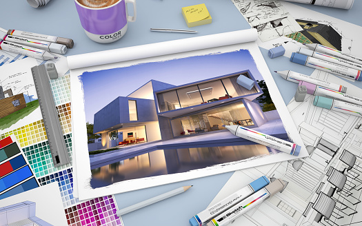 3D rendering of an architects desktop with the image of a luxurious villa with pool markers and  color swatches