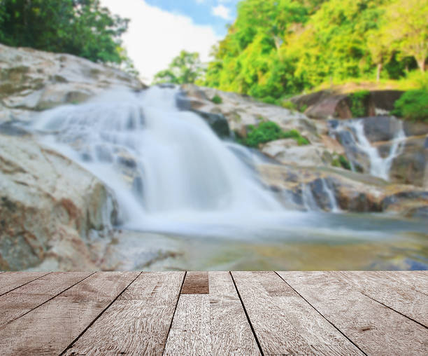 istock Wood floor top on blurred water fall 513394044