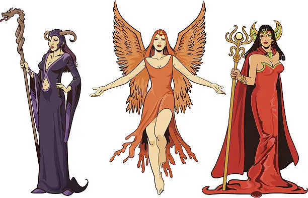 Vector illustration of Three Female Fantasy Characters - Avatars