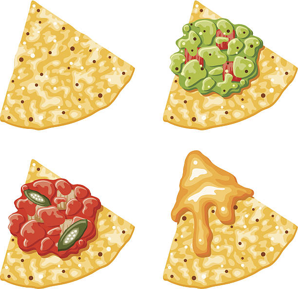illustrations, cliparts, dessins animés et icônes de nacho corn chip icônes avec garnitures - cheese sauce cheese tortilla chip nachos