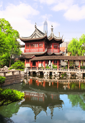 Pavilion and pond in Yu Yuan Gardens, Shanghai, China