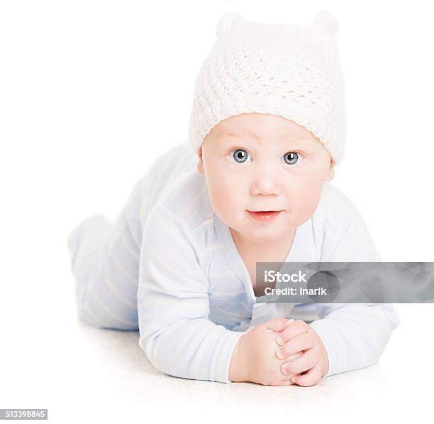Baby Boy Portrait Little Kid Crawling In Wolen Child Hat Stock Photo - Download Image Now