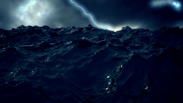 Stormy sea waves with lightning