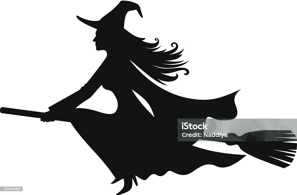 Witch on a broomstick. Vector black silhouette. Vector black silhouette of a beautiful witch on a broomstick isolated on a white background. Witch stock vector