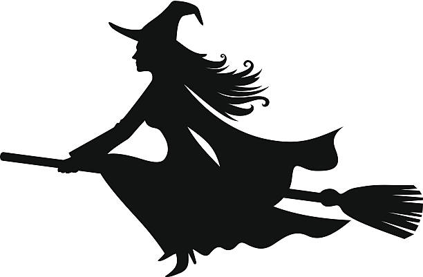 Witch on a broomstick. Vector black silhouette. Vector black silhouette of a beautiful witch on a broomstick isolated on a white background. witch stock illustrations