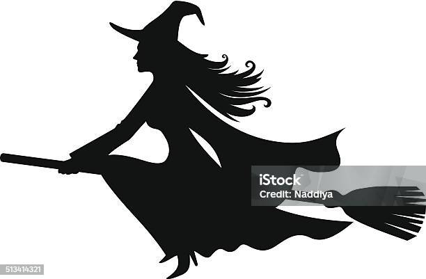 Witch On A Broomstick Vector Black Silhouette Stock Illustration - Download Image Now - Witch, In Silhouette, Broom