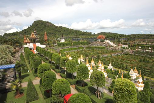 The French garden overview in the Nong Nooch tropical botanic garden near Pattaya city in Thailand