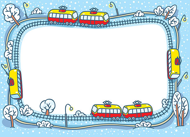 Frame design template with funny trams and rails Greeting card or frame with a vector picture of trams on the tram tracks in the winter. Design template background snowy road overhead stock illustrations