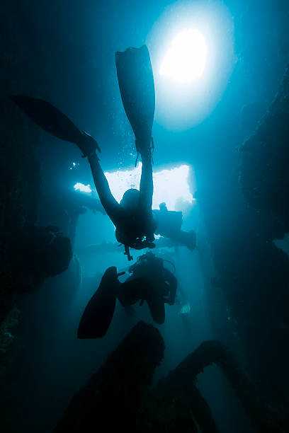 istock Two Divers Scuba Scubadiving Inside Sunken Ship 513416840