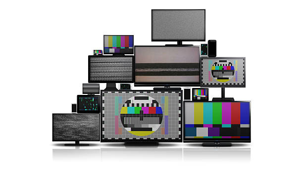 Many different types of screens with no signal Many different types of screens. TVs, computer monitors, smartphones and tablets. They laid on each other in a pile isolated on a white background. They are all with no signal. inconvenience photos stock pictures, royalty-free photos & images