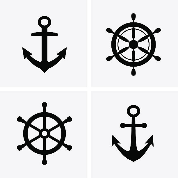 ilustraciones, imágenes clip art, dibujos animados e iconos de stock de anclajes y iconos timón de dirección - ancla parte del barco