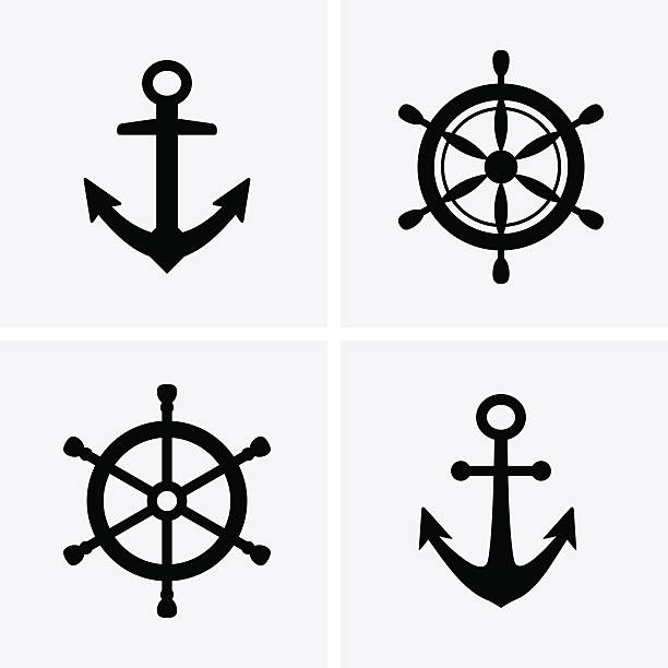 illustrazioni stock, clip art, cartoni animati e icone di tendenza di icone timone e ancore - helm rudder sailboat isolated