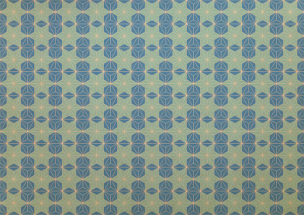 Japanese washi paper with geometric pattern design made of hexagons and triangles, creating diamond shapes, filled with green and blue colors. Simplicity and elegance are typical of japanese graphic design. Paper texture shows imperfections, as in the wabi sabi tradition. Digitally generated image.